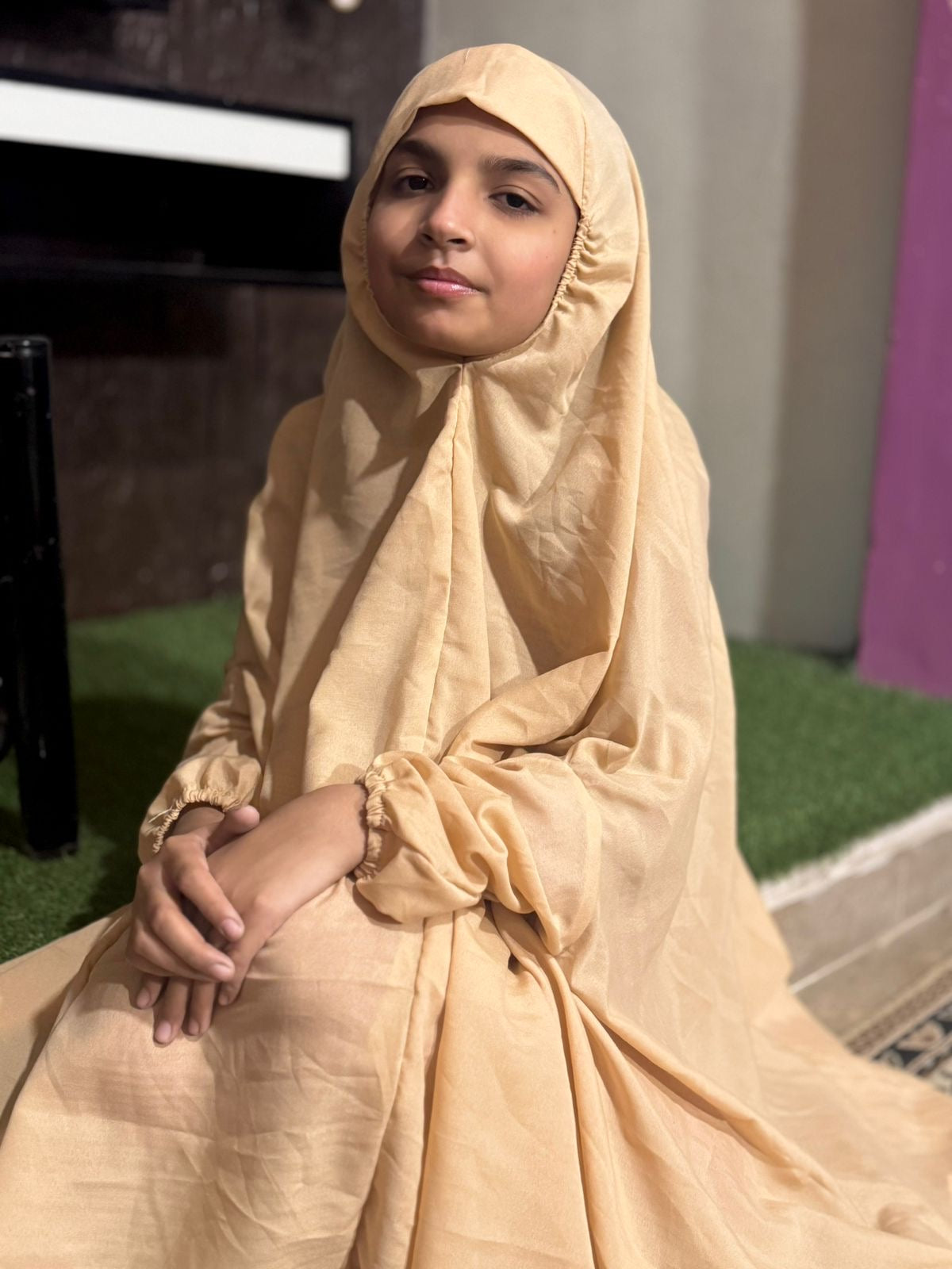 KIDS NAMAZ CHADDAR WITH FULL SLEEVES - BEIGE PLAIN 8 to 11 Years