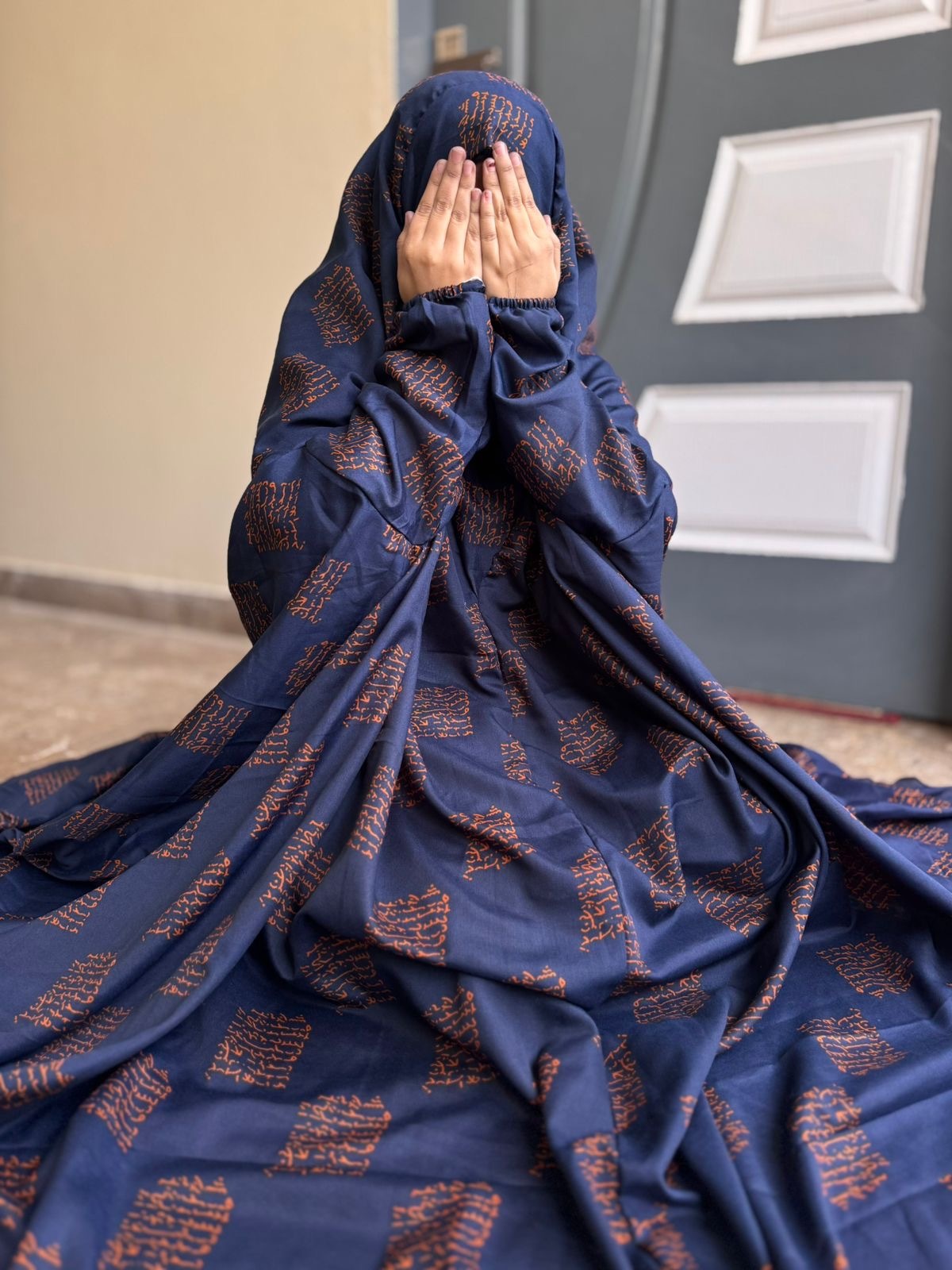 NAMAZ CHADDAR WITH SLEEVES N NIQAB - BLUE WITH CALLIGRAPHY x XL