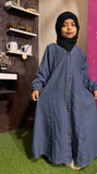 Kids Fashion Abaya Front Open Style - Grey with Pleates n Lace