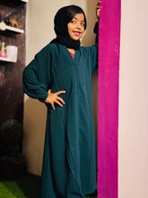 Kids Fashion Abaya Front Open Style - Green with Pleates