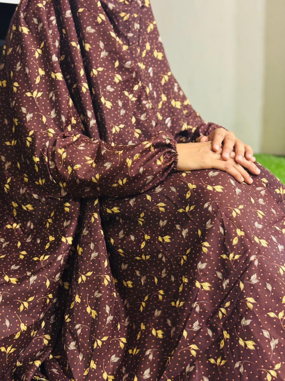 NAMAZ CHADDAR WITH FULL SLEEVES - BROWN WITH BEIGE TWIN LEAVES - LARGE