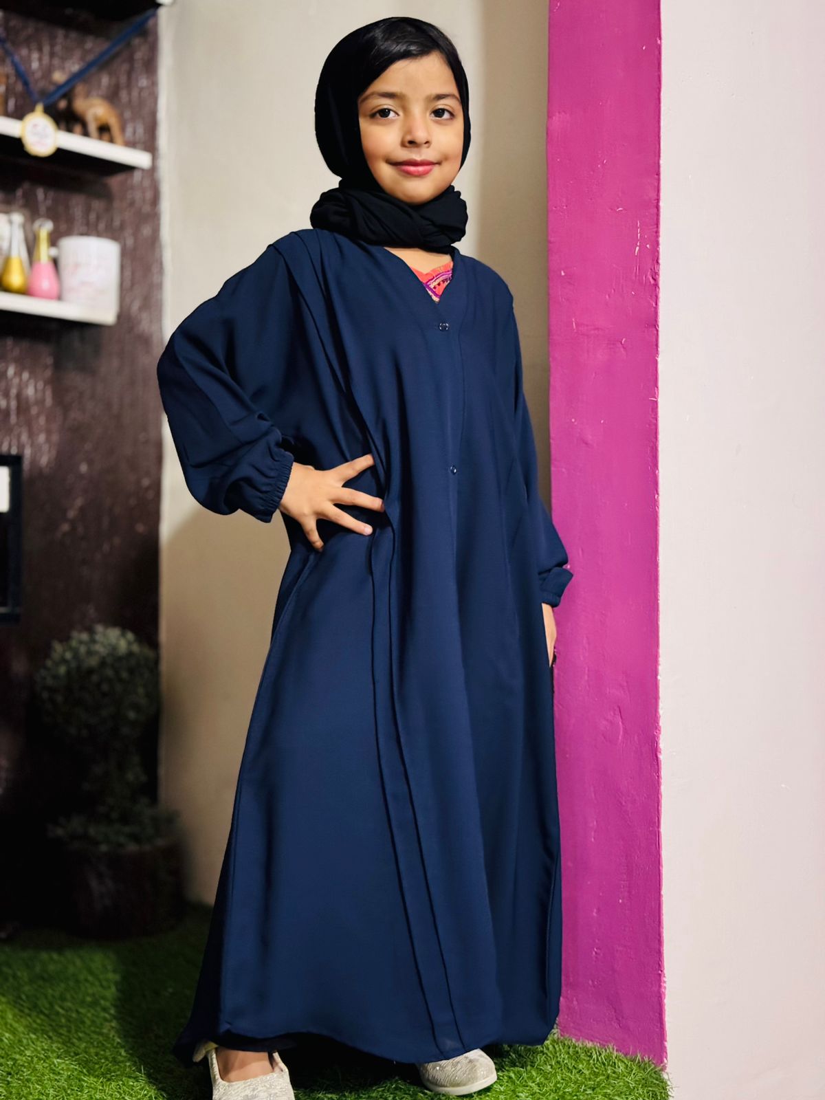Kids Fashion Abaya Front Open Style - Navy with Pleates