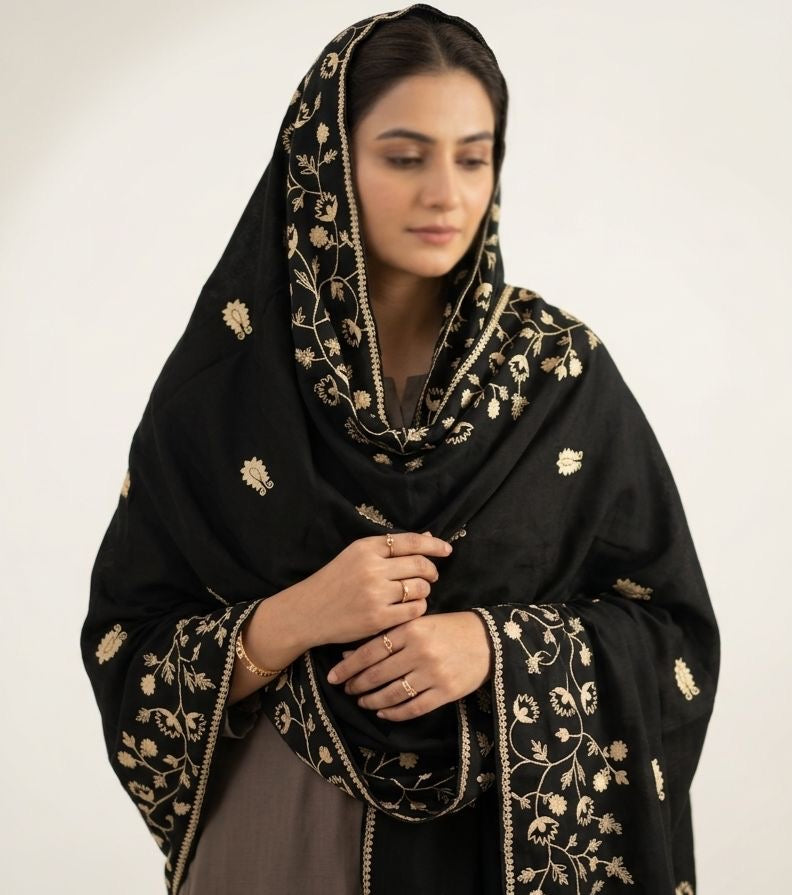 Premium Qualtiy Swiss Lawn Chaddar with Elegant Embroidery - Black