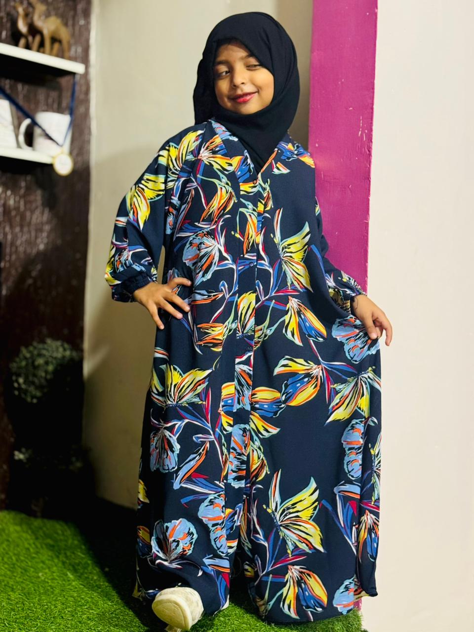 Kids Abaya Front Open Style - Blue with Multi Floral
