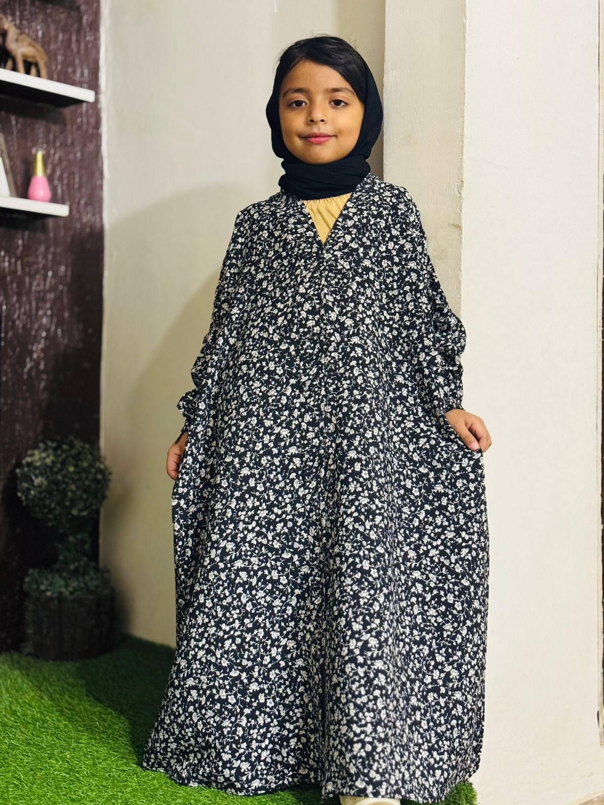 Kids Abaya Front Open Style - Black Mini Flowers