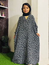 Kids Abaya Front Open Style - Black Mini Flowers