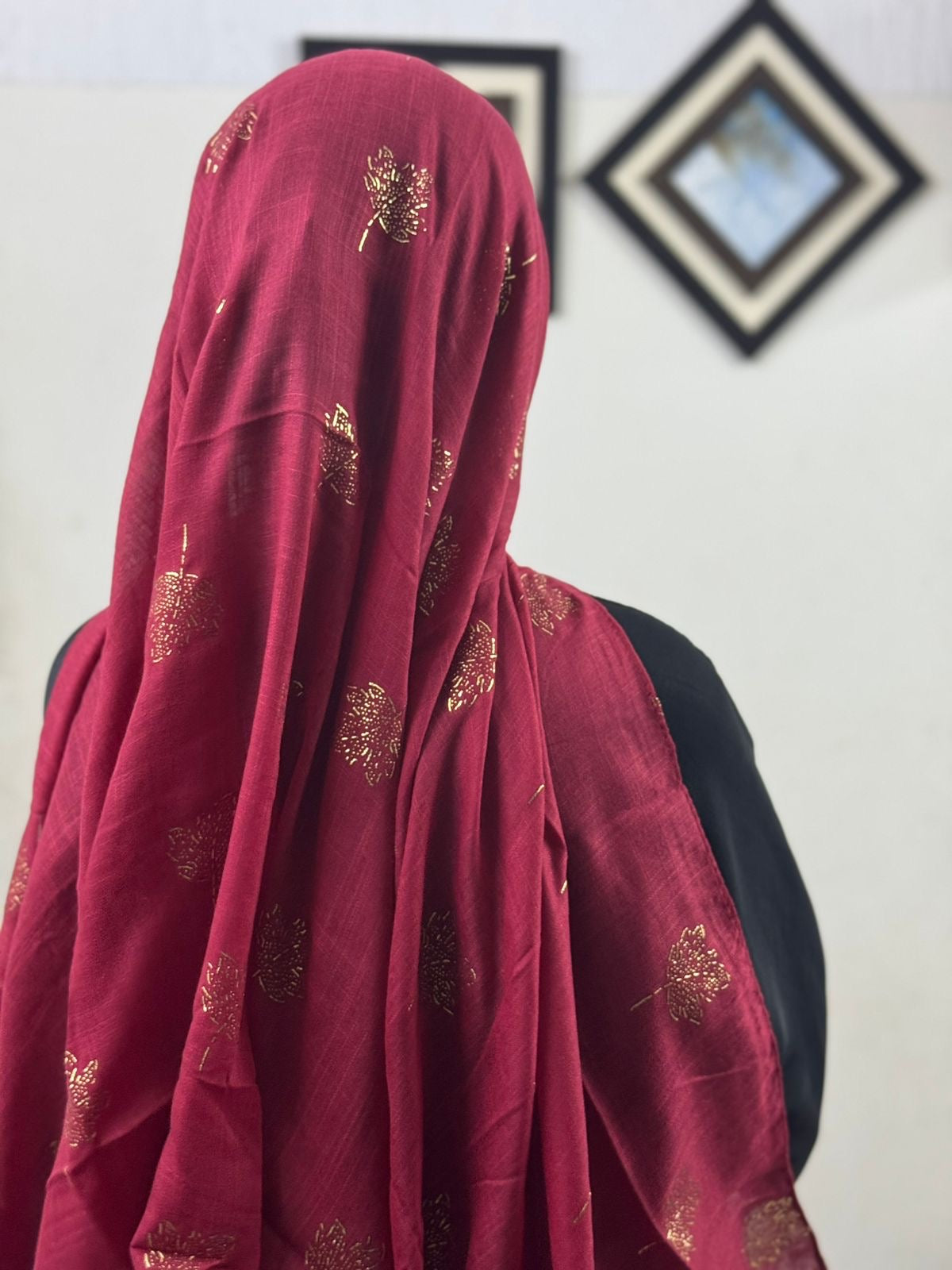 Turkish Lawn Spring Leaf Foil Print - Maroon