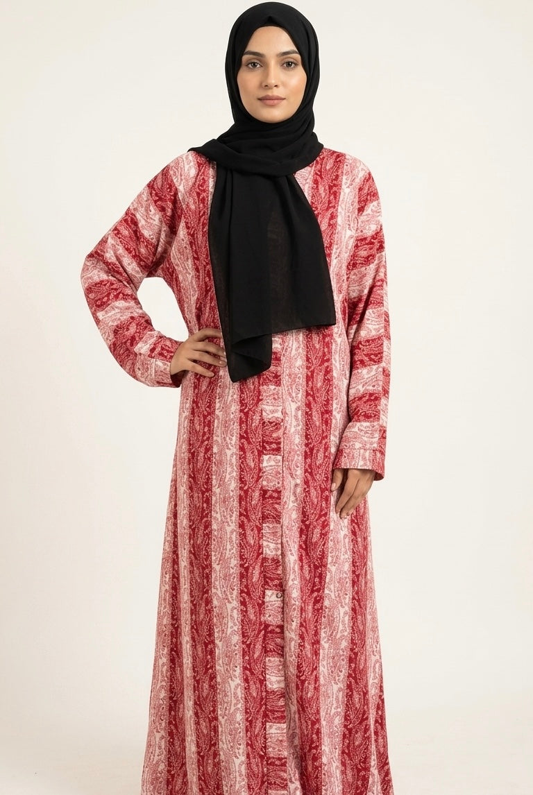 Adults Printed Abaya Front Open Style - Red Velvet