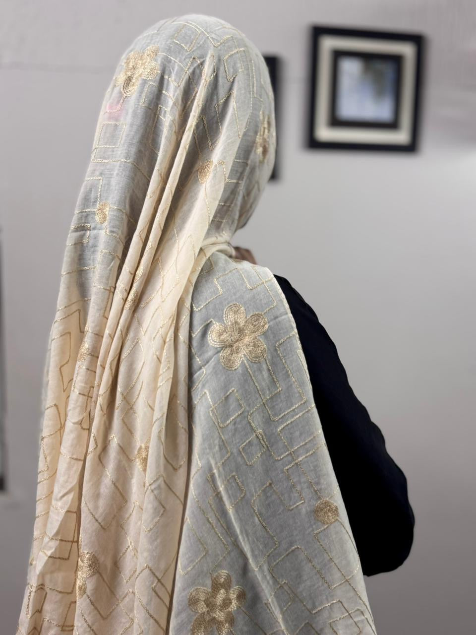 Zara Embroidery Lawn Scarf - Soft Amber