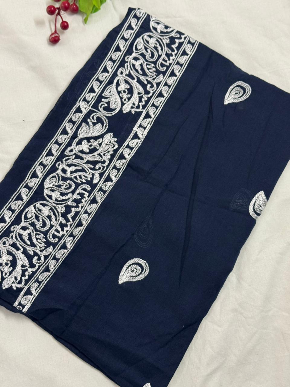 Lisa Embroidery Lawn Scarf - Navy