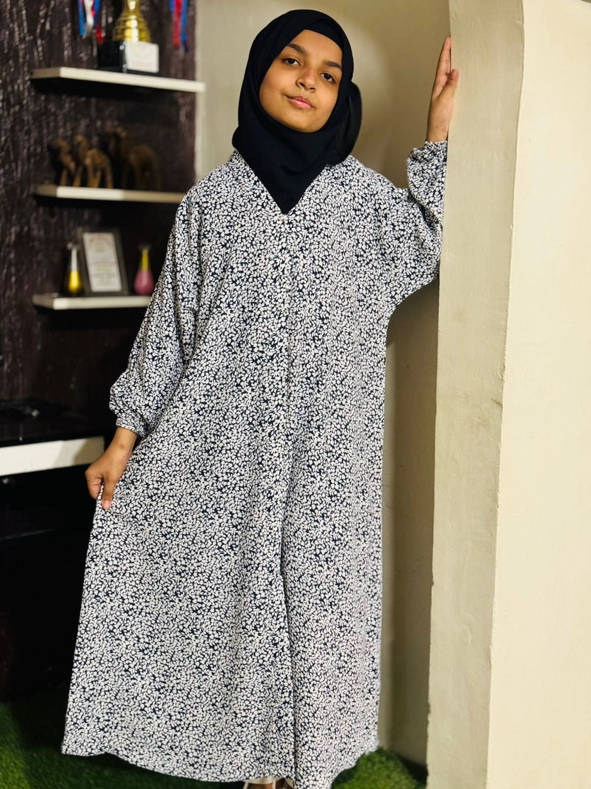 Kids Abaya Front Open Style - Navy n White Multi