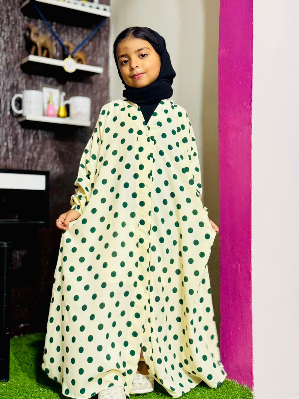 Kids Abaya Front Open Style - Bigger Dots Green