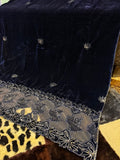 Luxury Velvet Cut Work Shawl - Leaf Blue
