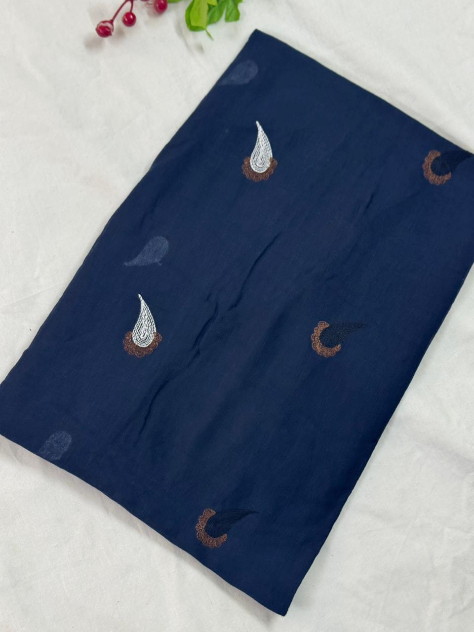 Cone Embroidery Lawn Scarf - Navy