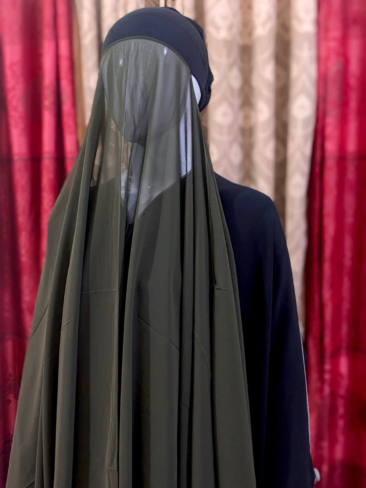 Georgette Hijab with attached Tube Cap - Olive Green