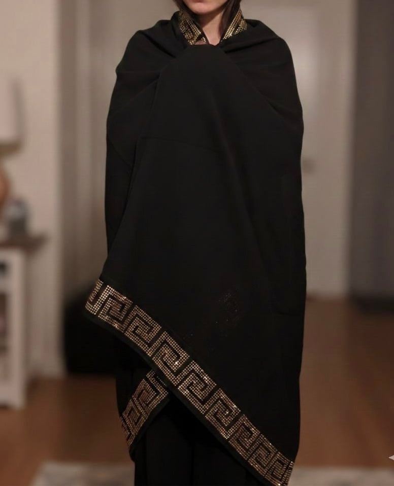 Premium Qualtiy Black Georgette Chaddar with Stone Border COPPER ROSE - XL SIZE