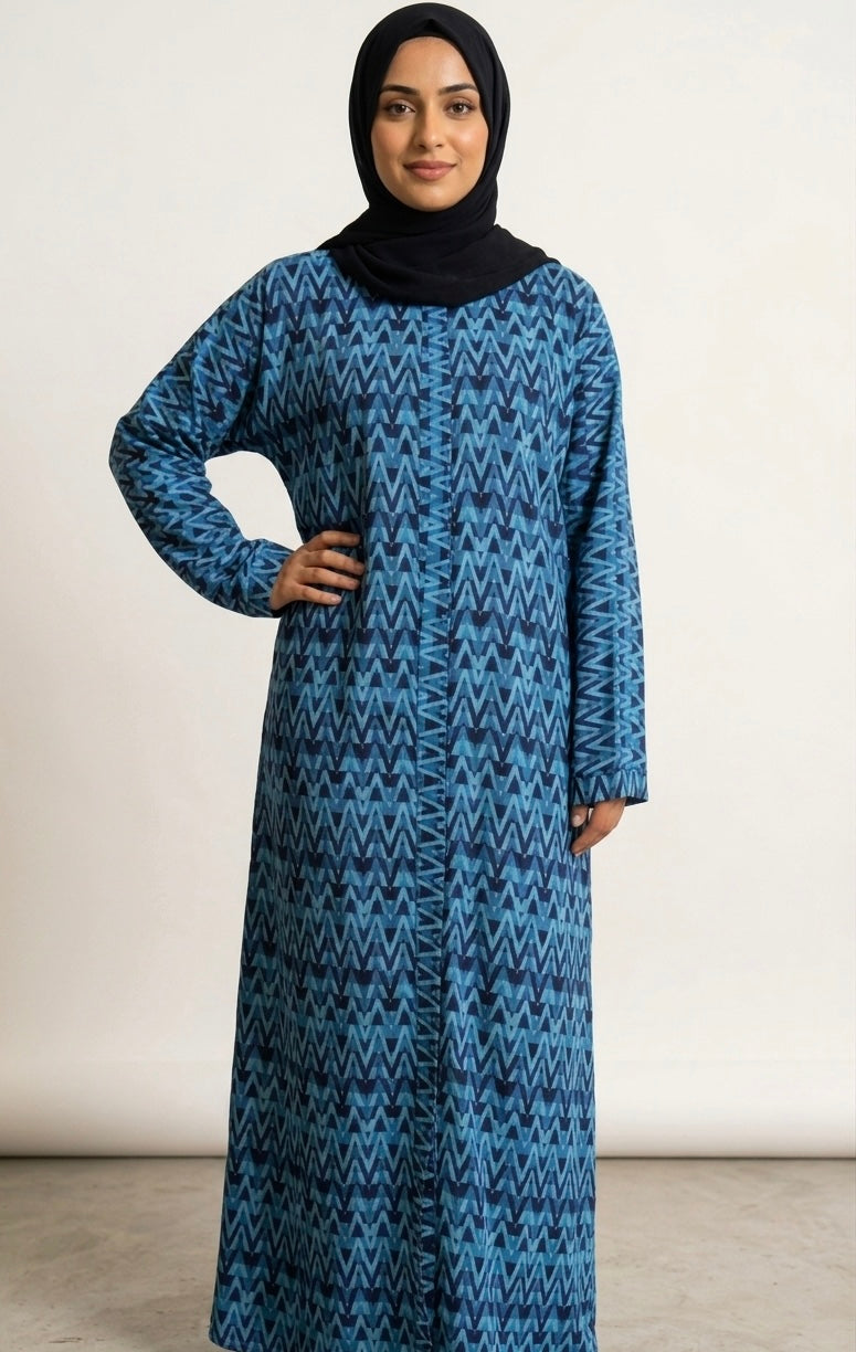 Adults Printed Abaya Front Open Style - Teal Electra
