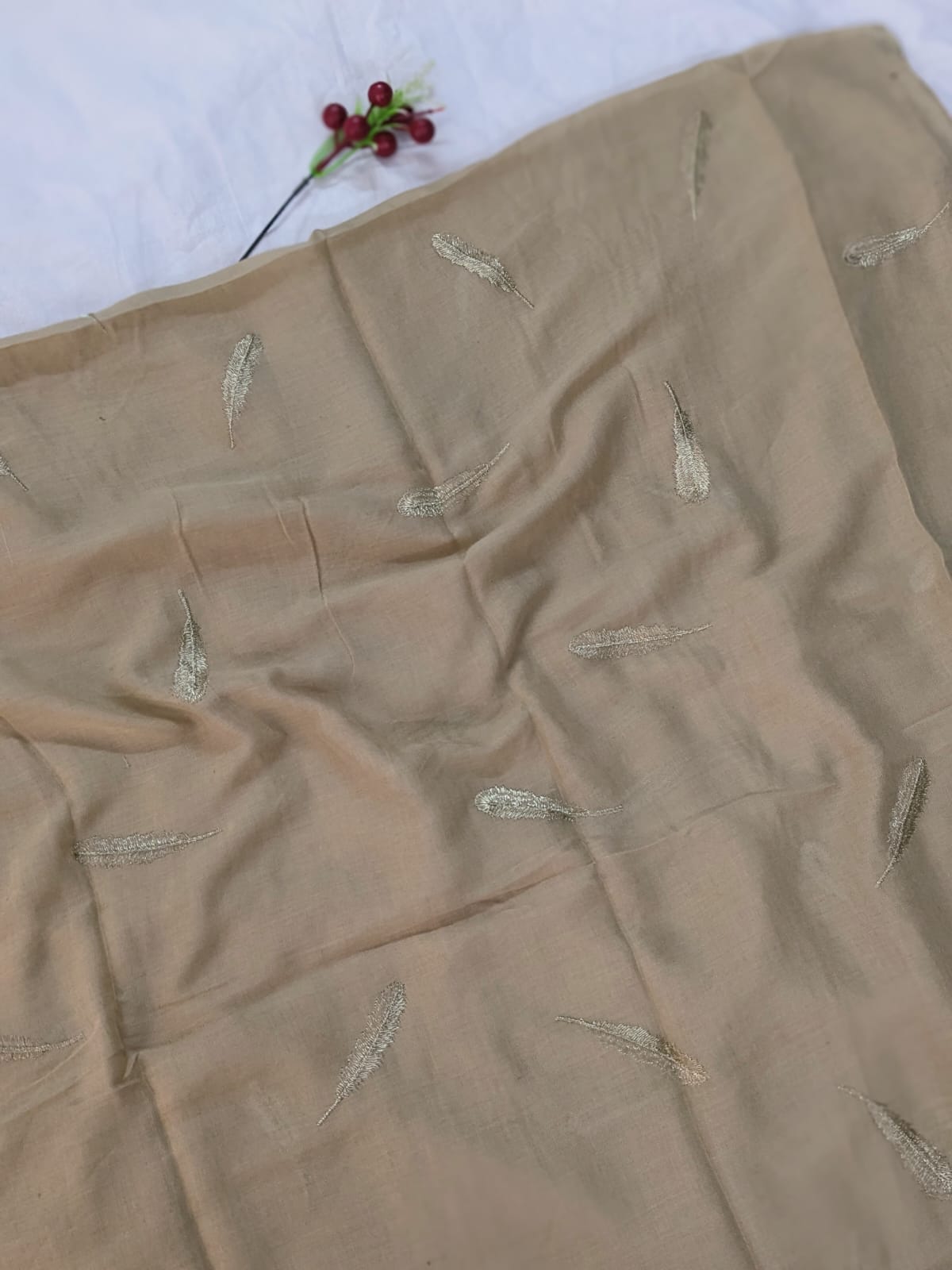 Lurex Feather Embroidery Lawn Scarf - Khaki