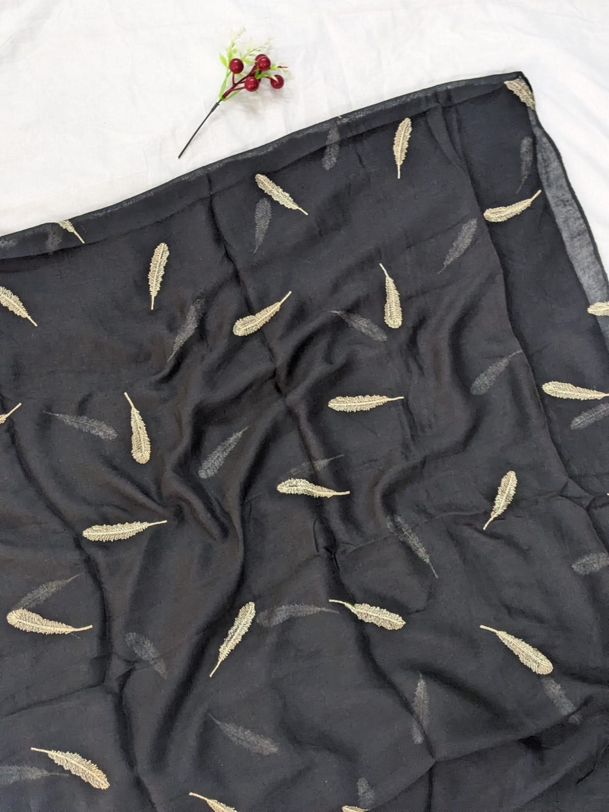 Lurex Feather Embroidery Lawn Scarf - Black