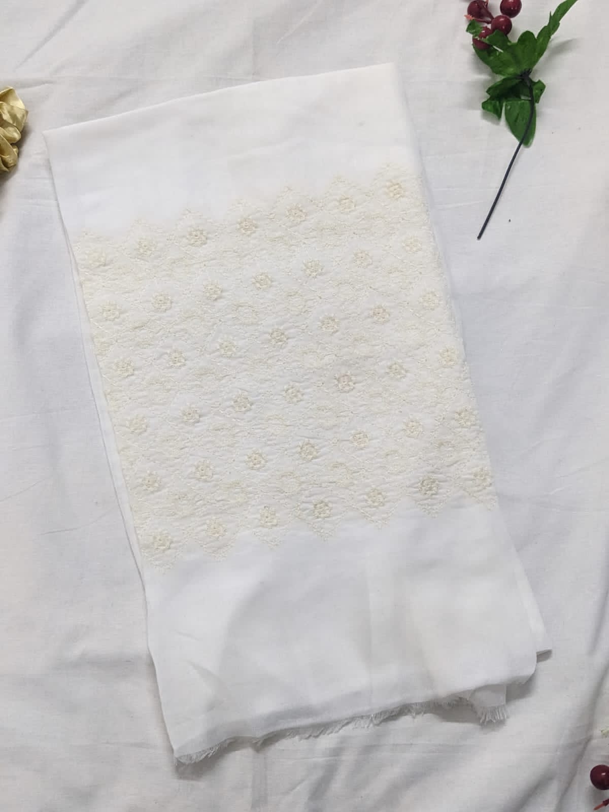 Wide Embroidery Lawn Scarf - White