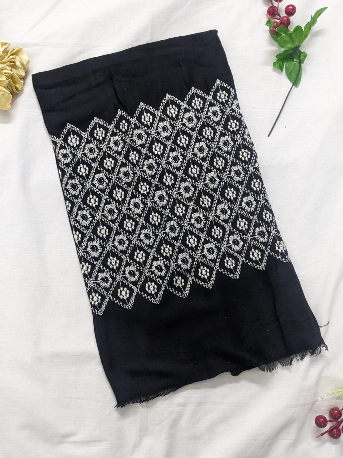 Wide Embroidery Lawn Scarf - Black