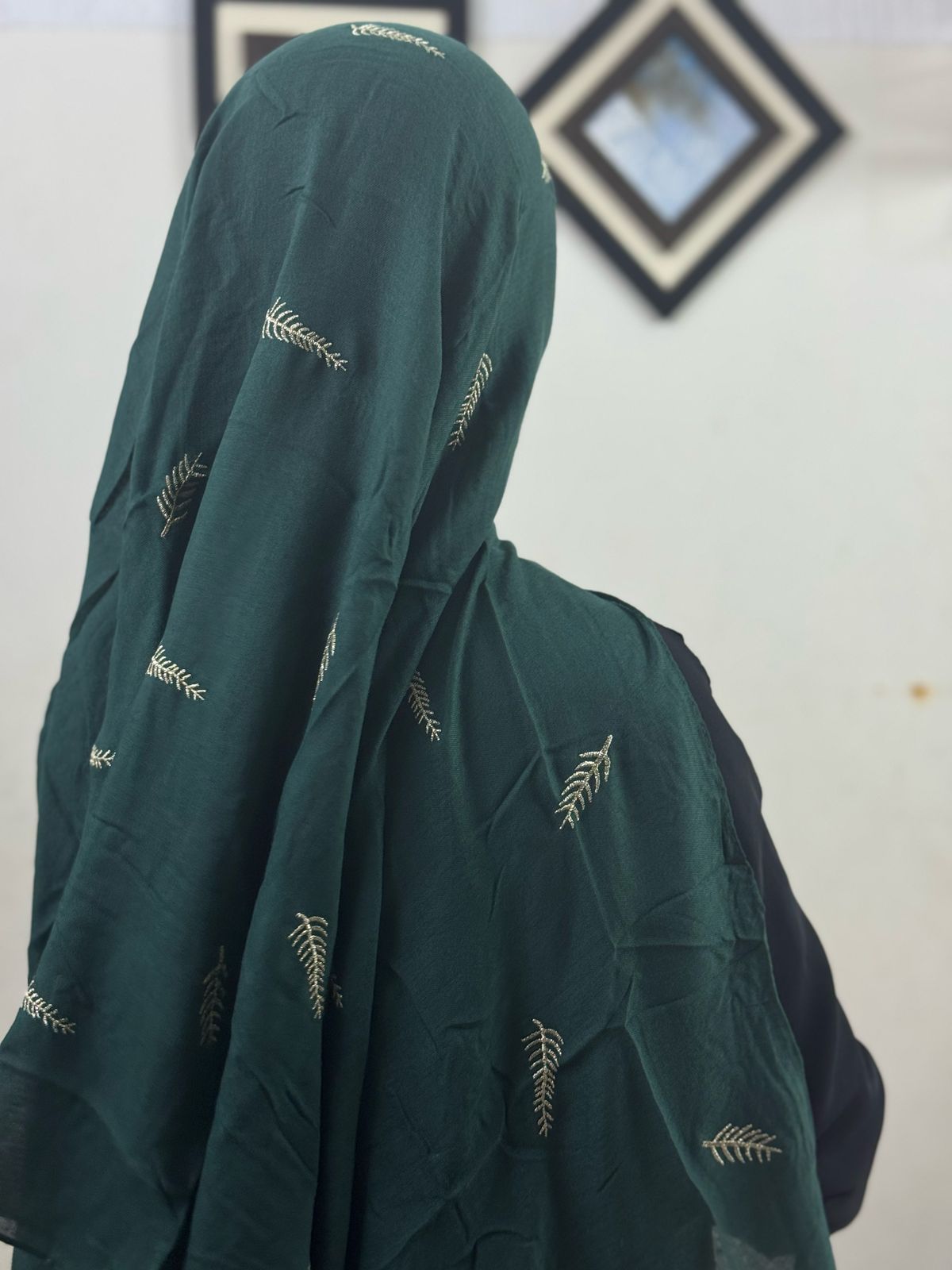 Gold Lurex Leaf Embroidery Lawn Scarf - Bottle Green
