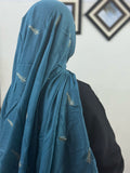 Gold Lurex Leaf Embroidery Lawn Scarf - Teal Blue