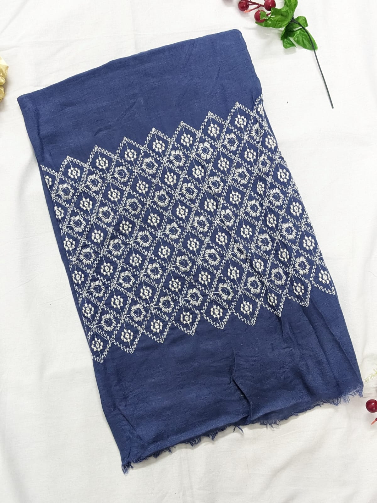 Wide Embroidery Lawn Scarf - Steel Blue
