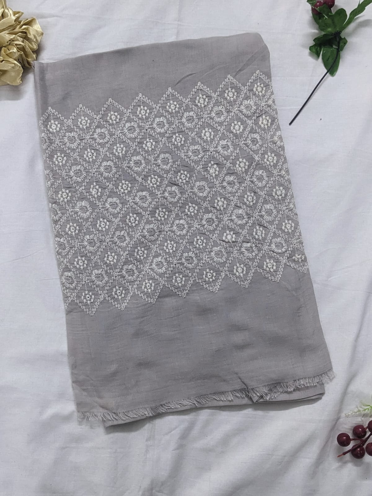 Wide Embroidery Lawn Scarf - Mid Grey
