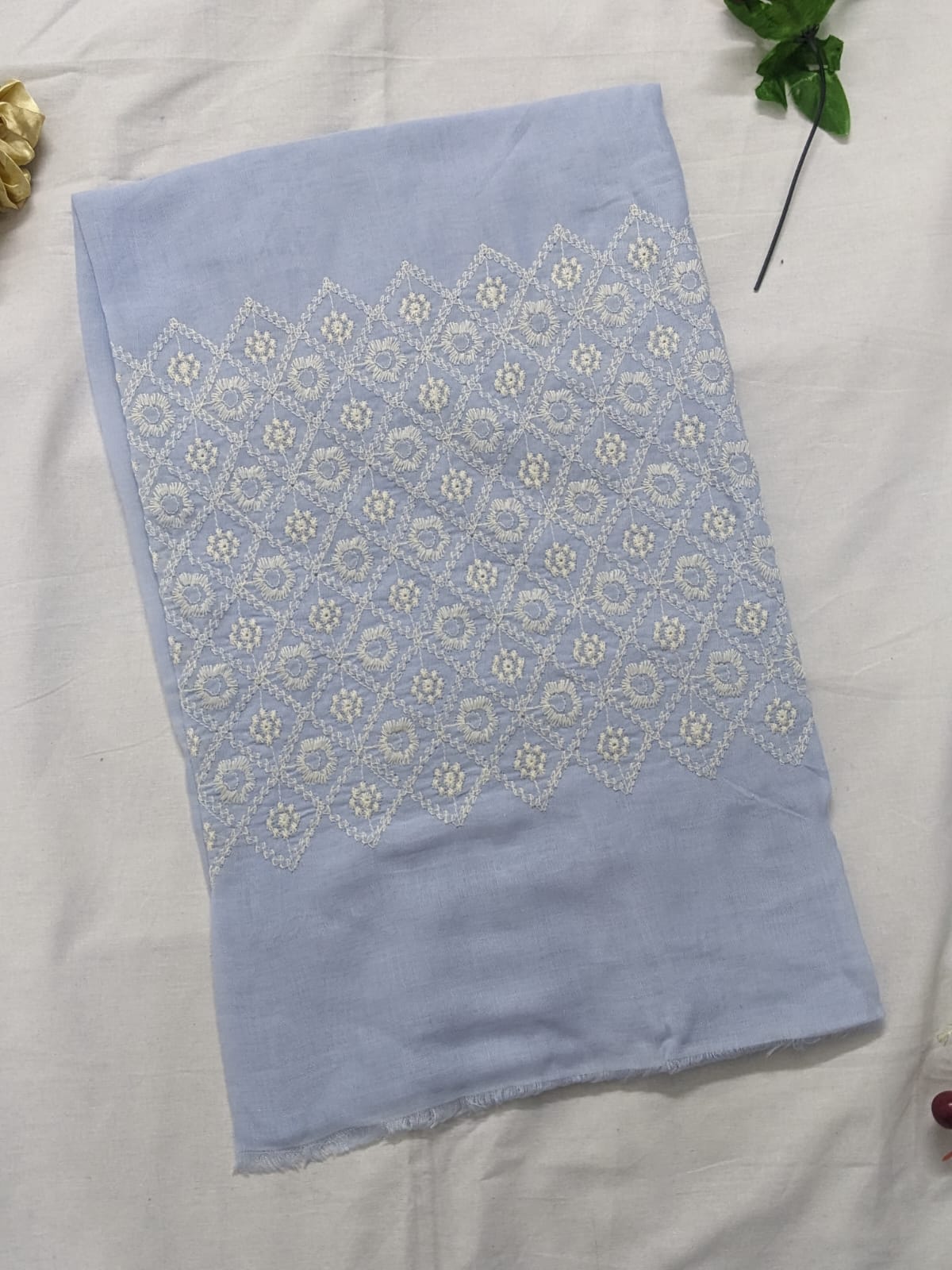 Wide Embroidery Lawn Scarf - Denim