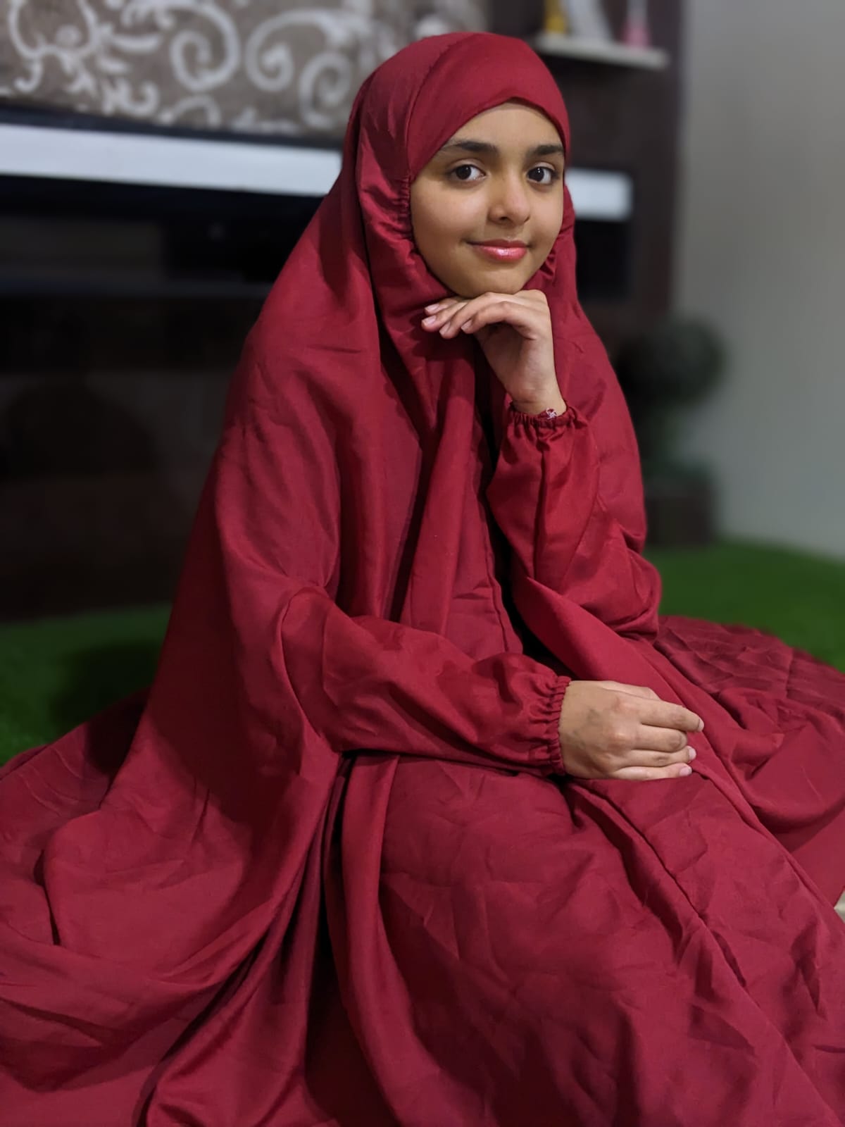 KIDS NAMAZ CHADDAR WITH FULL SLEEVES - MAROON PLAIN 12 to 14 Years