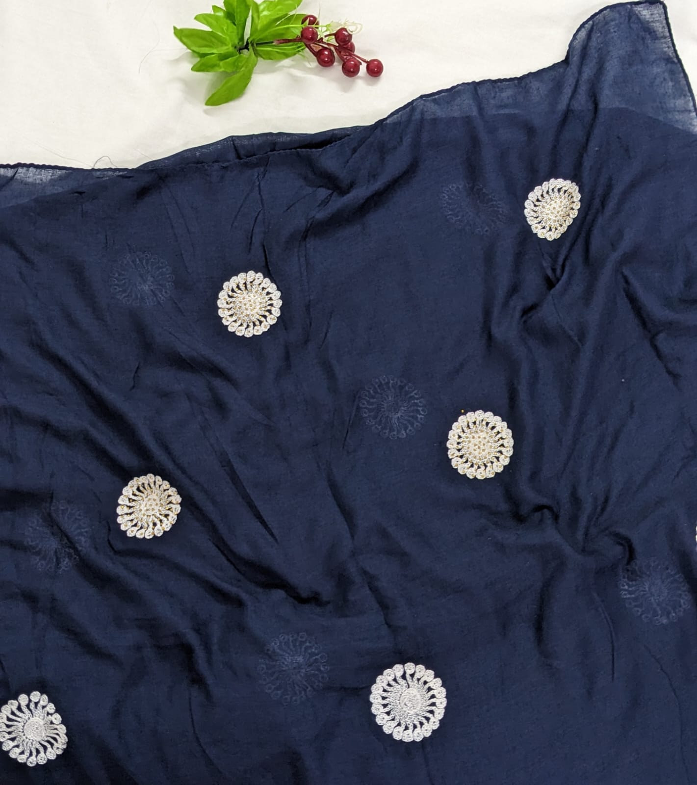 Wheel Embroidery Lawn Scarf - Navy Blue
