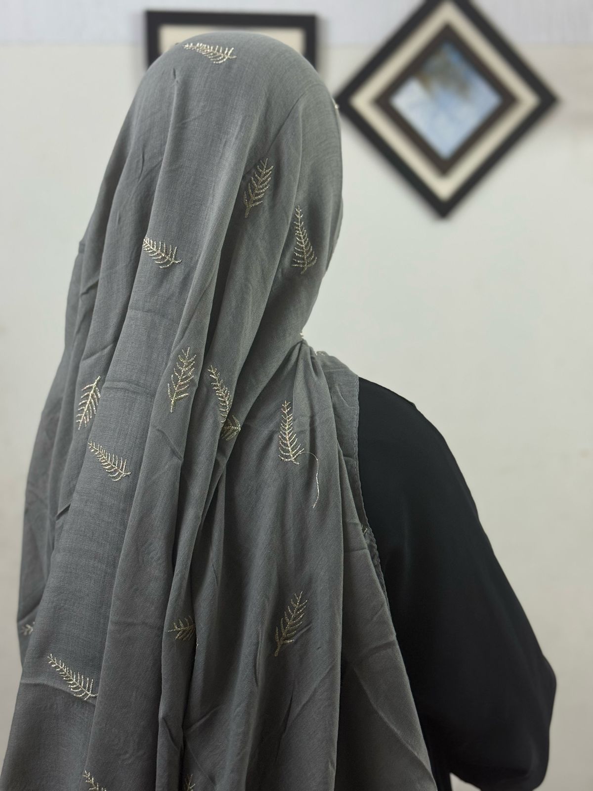 Gold Lurex Leaf Embroidery Lawn Scarf - Grey