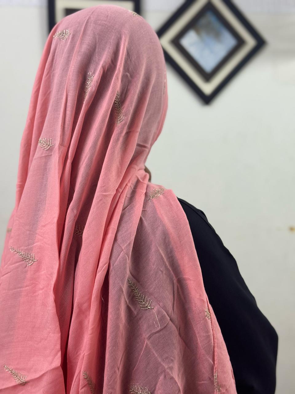 Gold Lurex Leaf Embroidery Lawn Scarf - Daisy Pink