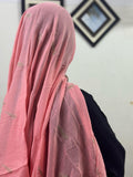 Gold Lurex Leaf Embroidery Lawn Scarf - Daisy Pink