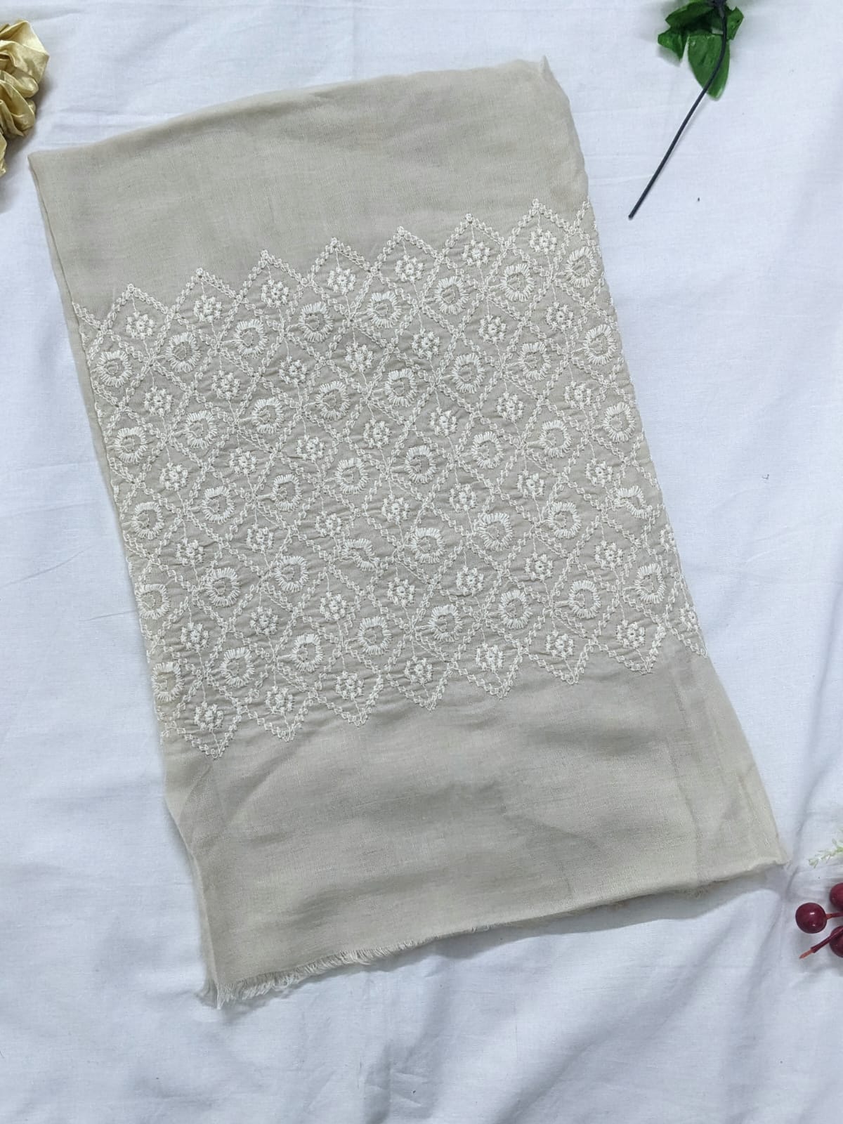 Wide Embroidery Lawn Scarf - Cotton Seed