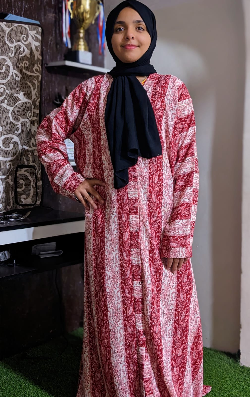 Printed Abaya Front Open Style - Red Velvet