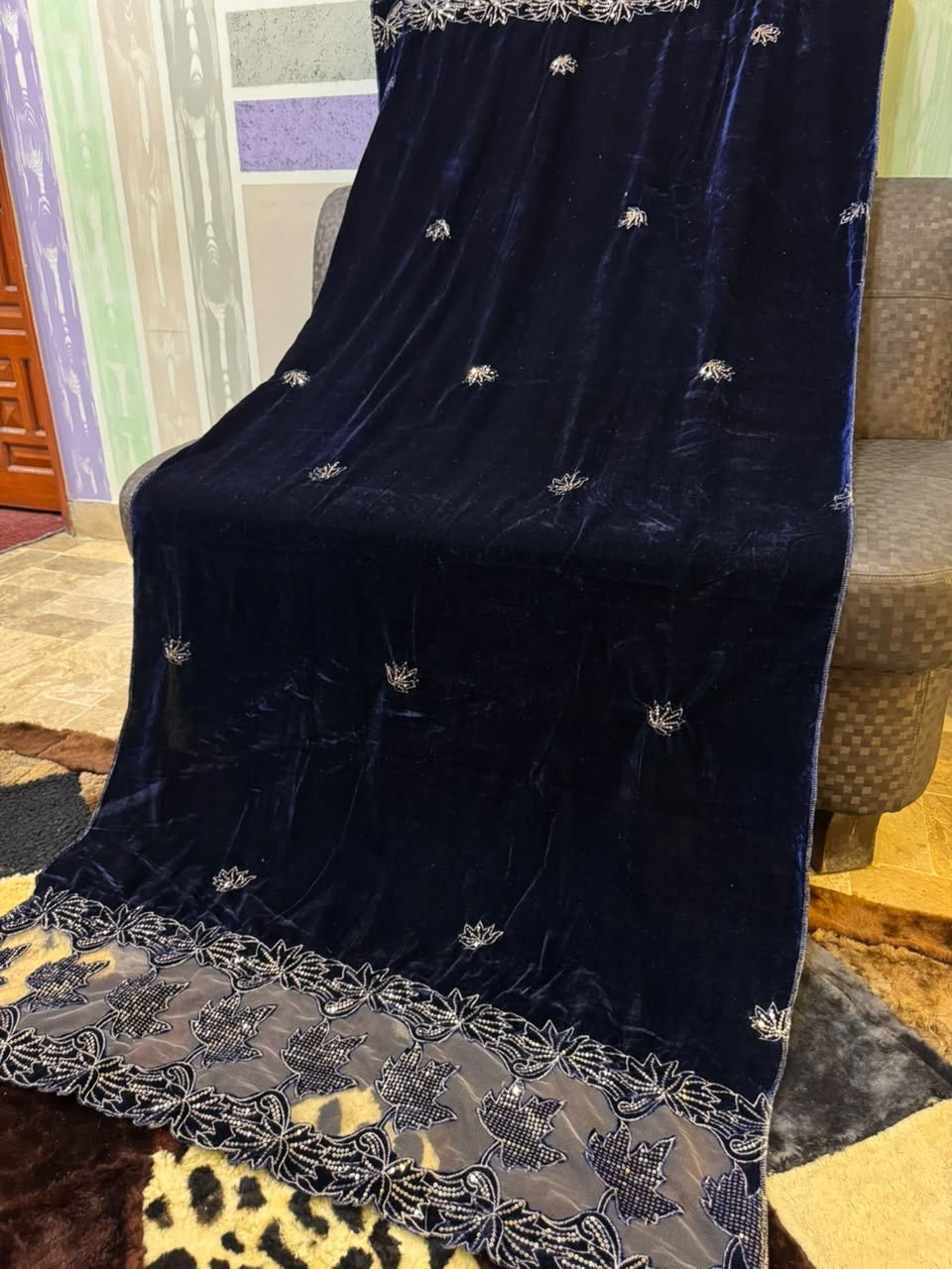 Luxury Velvet Cut Work Shawl - Leaf Blue