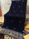 Luxury Velvet Cut Work Shawl - Leaf Blue