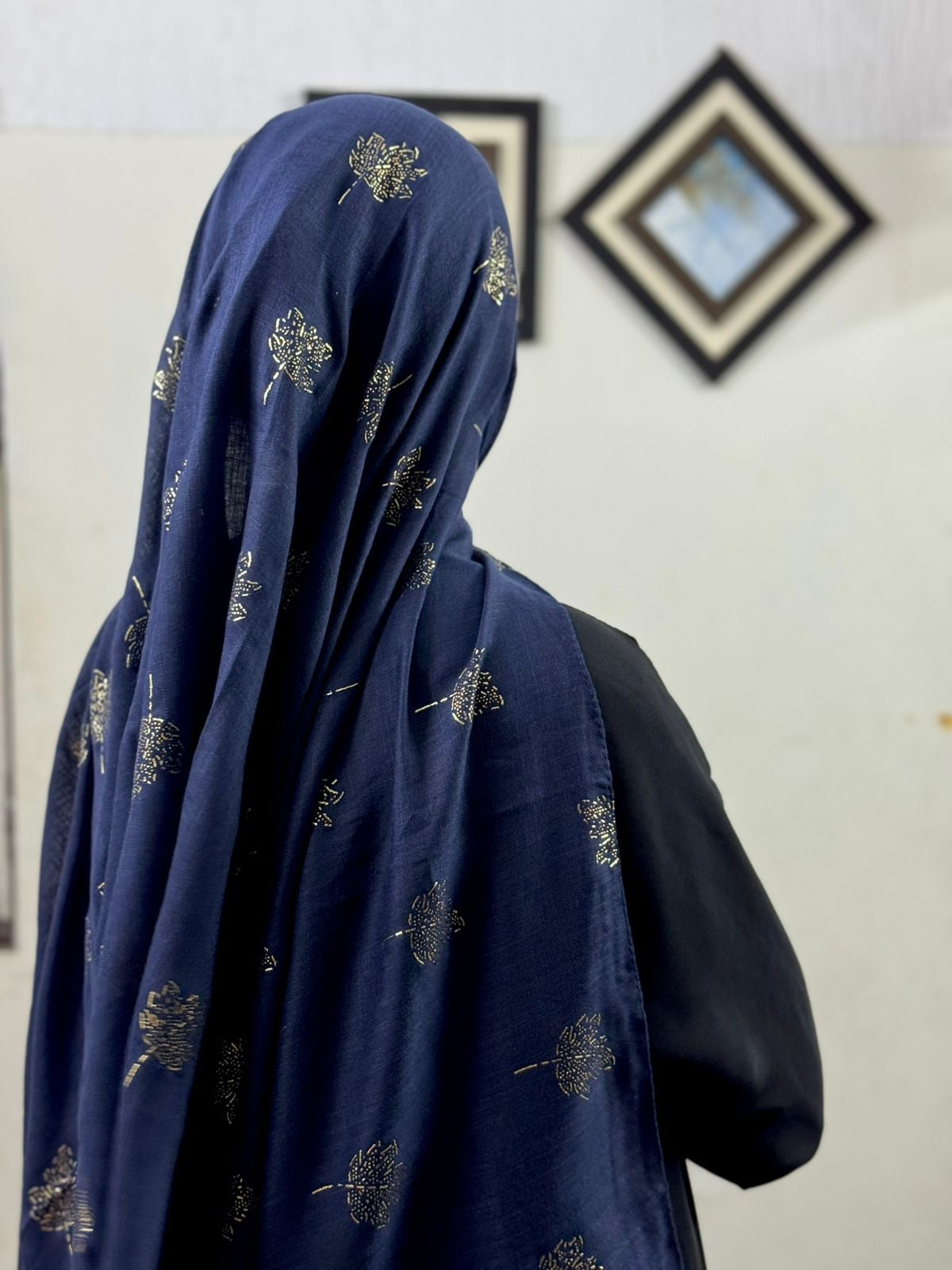 Turkish Lawn Spring Leaf Foil Print - Navy