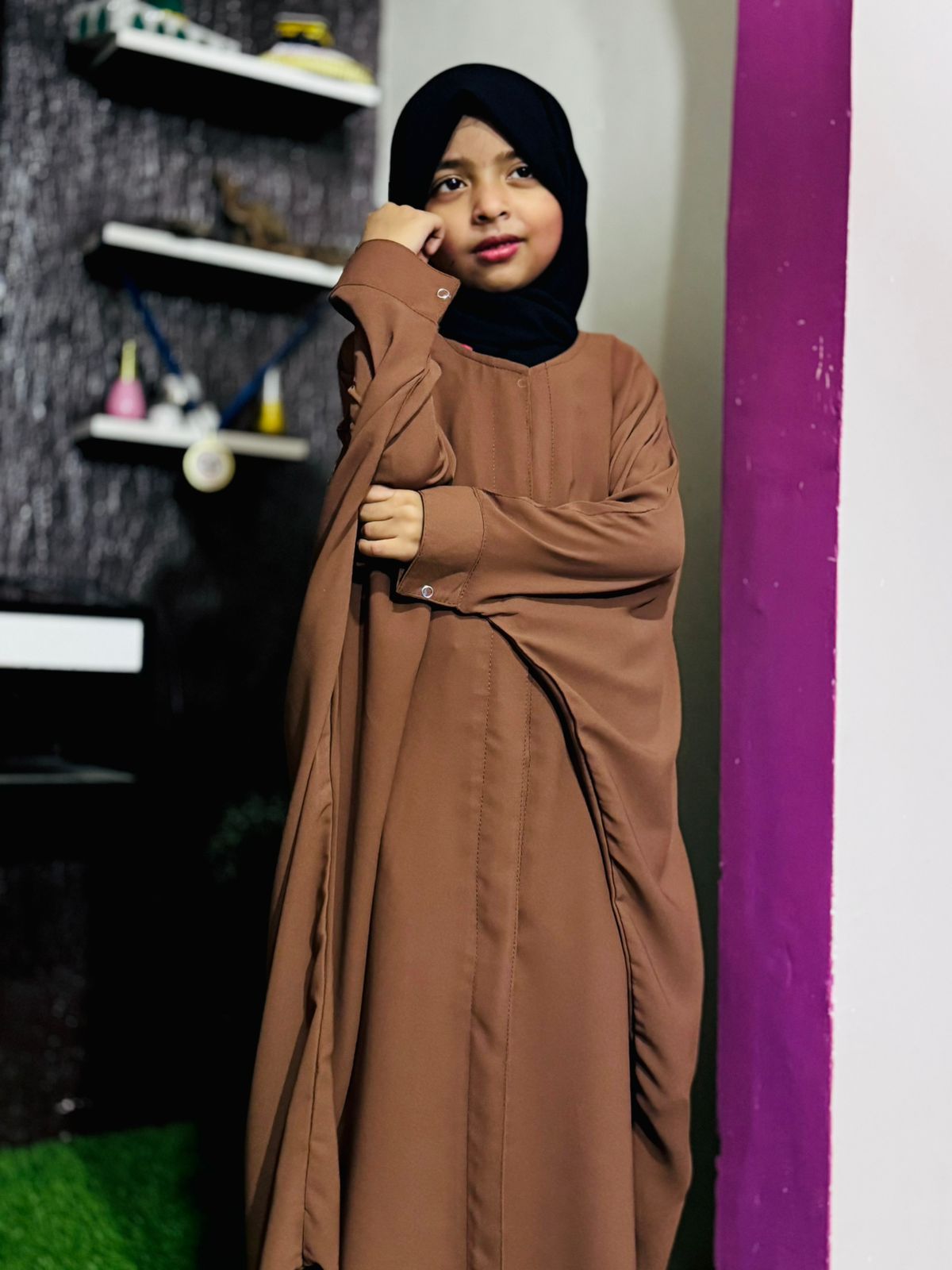 Kids Kaaftan Abaya Front Open Style - Brown