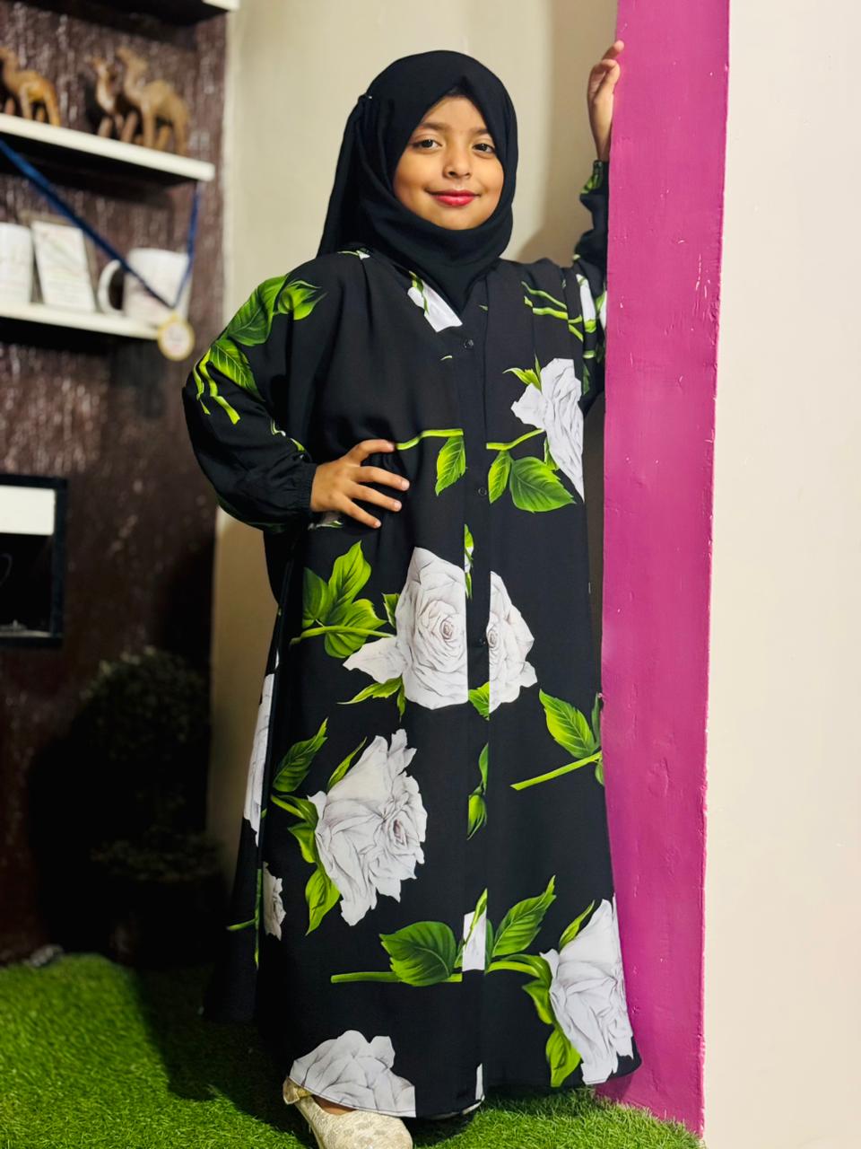 Kids Abaya Front Open Style - Black with White Rose