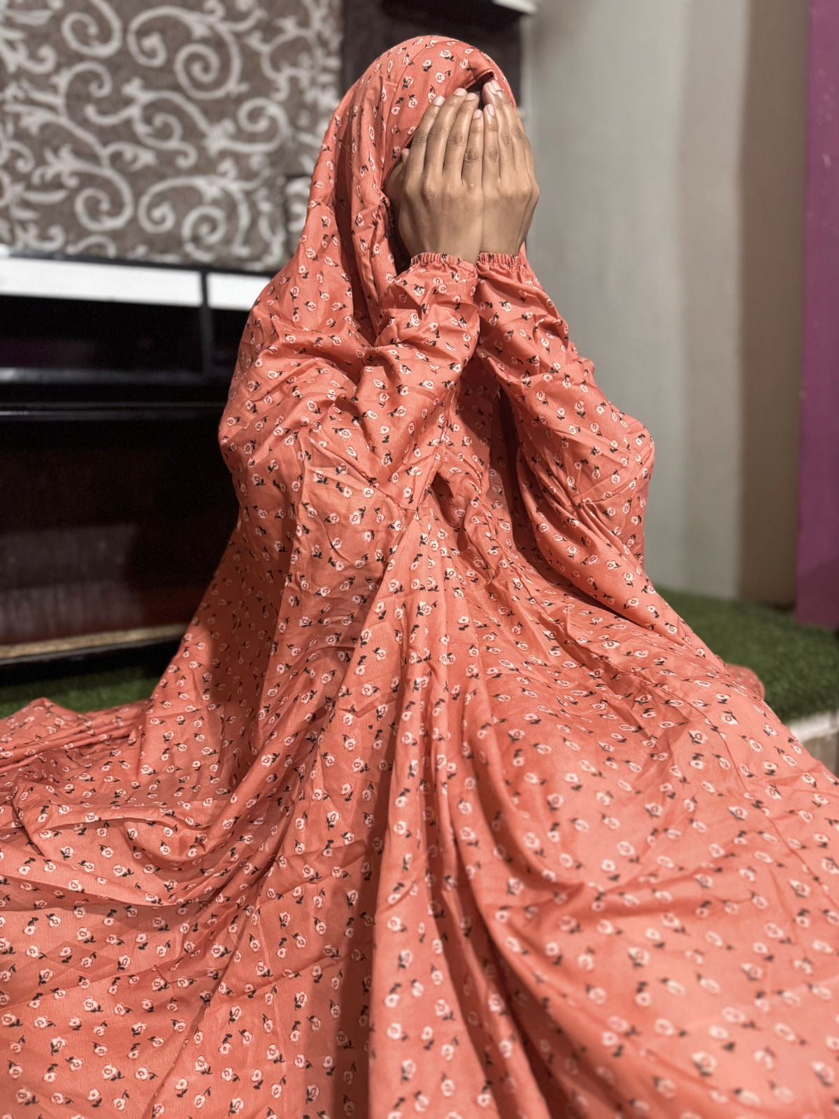 NAMAZ CHADDAR WITH SLEEVES N NIQAB - MOONLIT FLORAL PEACH - LARGE