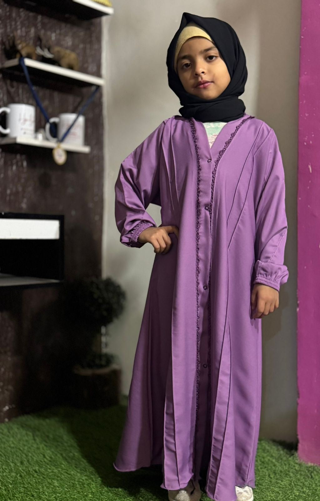 Kids Fashion Abaya Front Open Style - Light Purple with Pleates n Lace