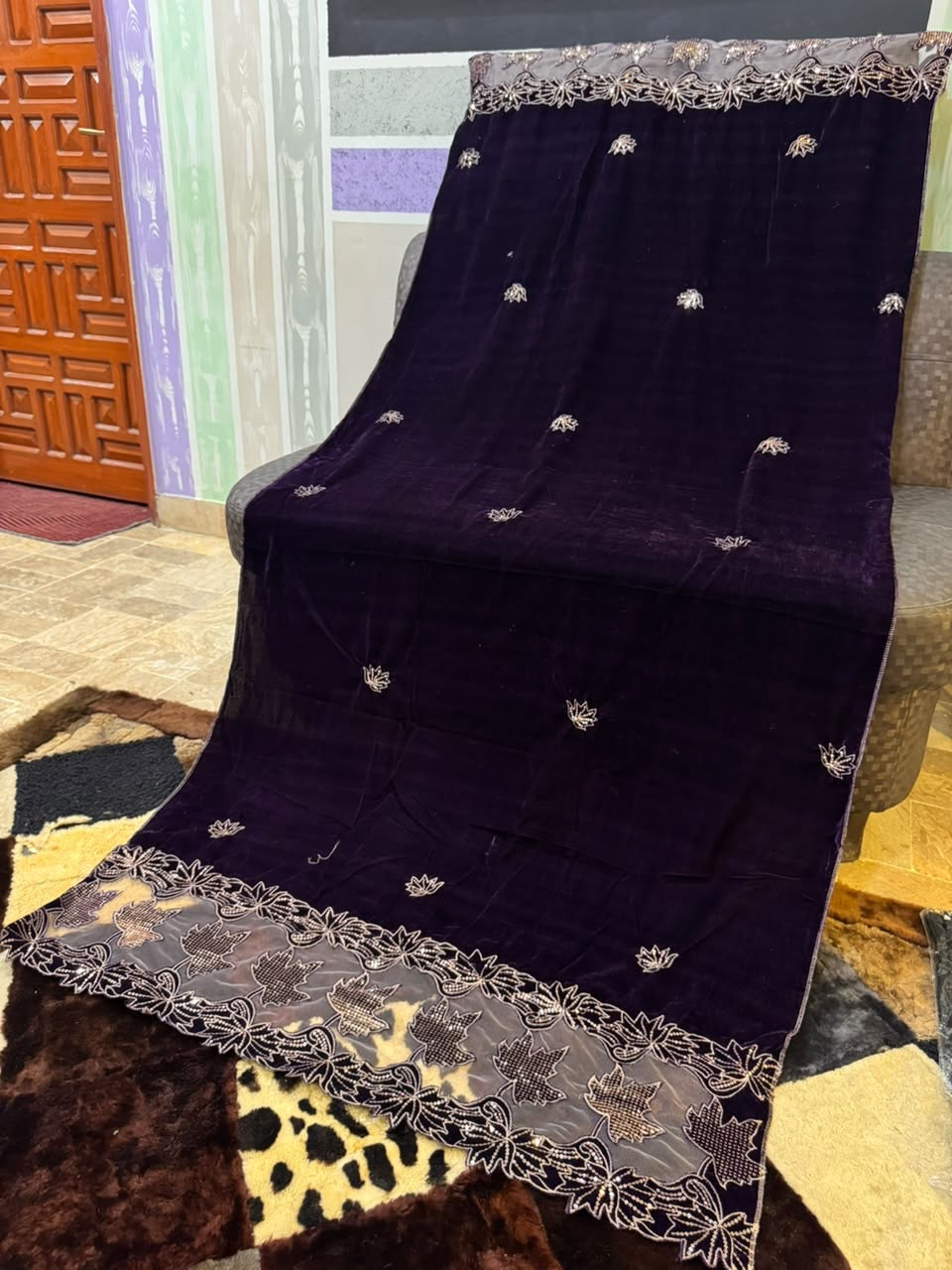 Luxury Velvet Cut Work Shawl - Deep Purple