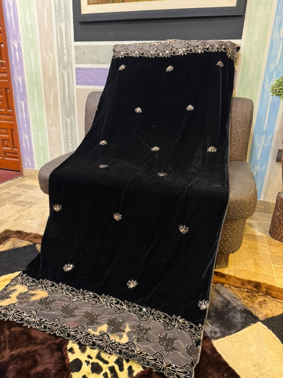 Luxury Velvet Cut Work Shawl - Leaf Black