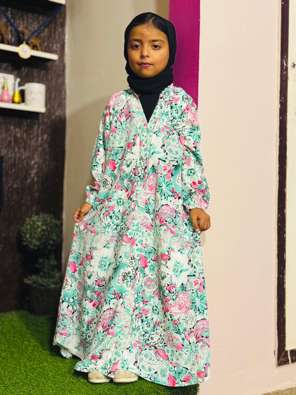 Kids Abaya Front Open Style - Multi Sea Green