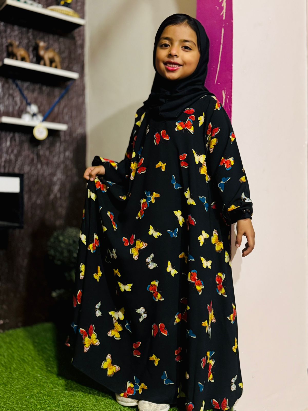 Kids Abaya MAXI Style - Black in Multi Butterflies