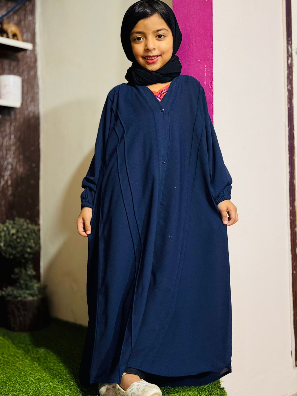 Kids Fashion Abaya Front Open Style - Navy with Pleates