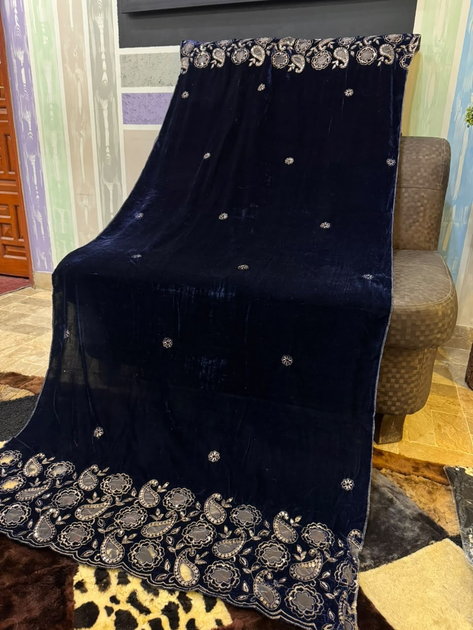 Luxury Velvet Cut Work Shawl - Bean Blue